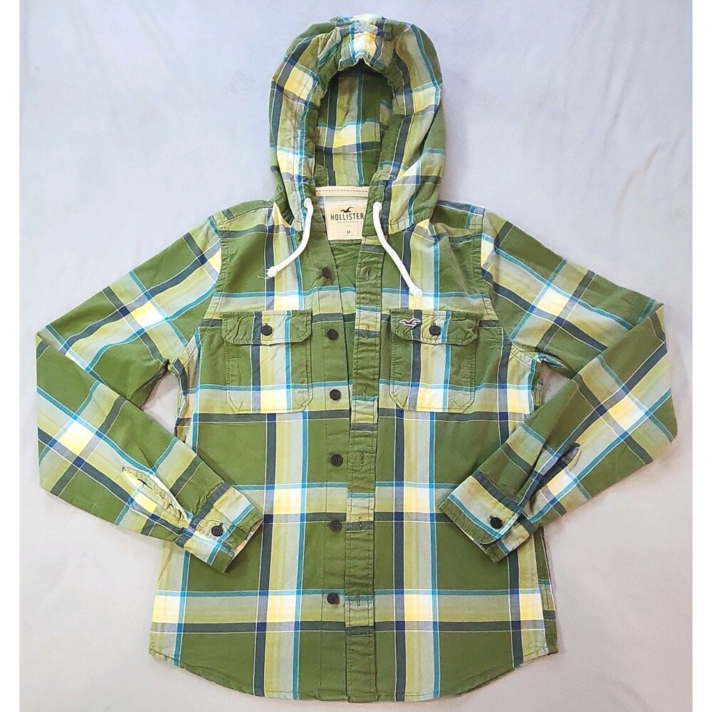 Hollister Men's M Plaid Hooded Button-Up Shirt Green Cotton Long Sleeve Pockets
